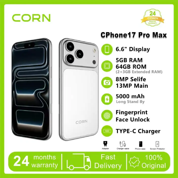 (Brand Official) CORN CPHONE 17PRO MAX 64GB Storage 5GB (2+3 Extended) RAM 6.6'' HD+ Waterdrop Screen 13MP Main +8MP Front Camera 5000mAh Battery Dual SIM Face ID GPS OTG Unlocked Android Smart Phone.
