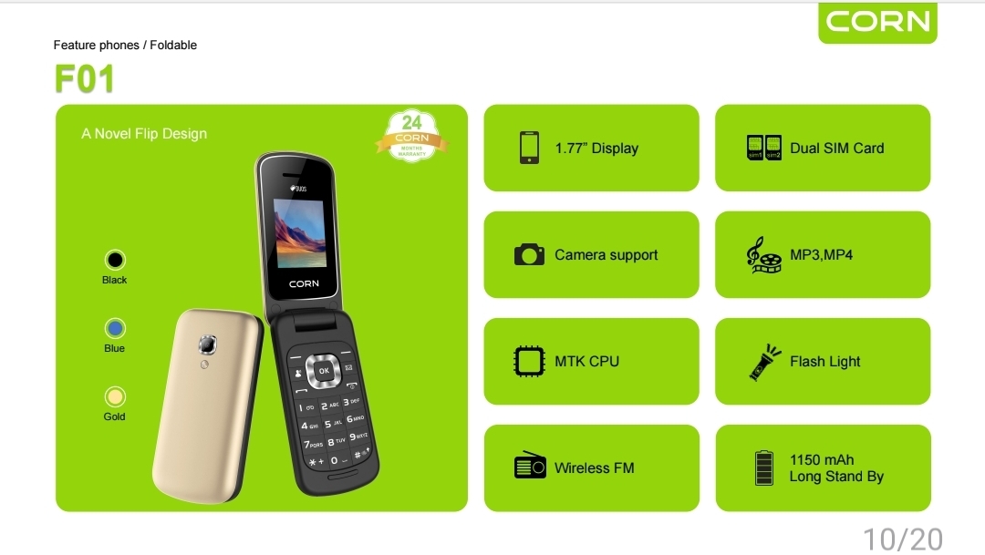 (Brand Official) CORN Flip F01 1.77'' Display Dual SIM Feature Phone Kabambe Katululu Wireless FM Torch Camera Bluetooth 1150mAh Battery Durable Button Phone Classic Mobile Phone.