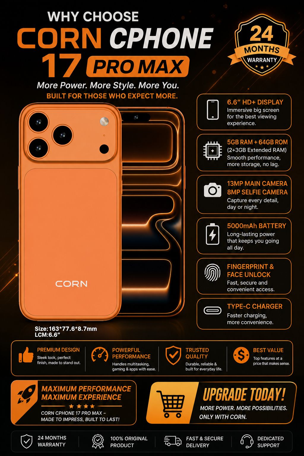 (Brand Official) CORN CPHONE 17PRO MAX 64GB Storage 5GB (2+3 Extended) RAM 6.6'' HD+ Waterdrop Screen 13MP Main +8MP Front Camera 5000mAh Battery Dual SIM Face ID GPS OTG Unlocked Android Smart Phone.