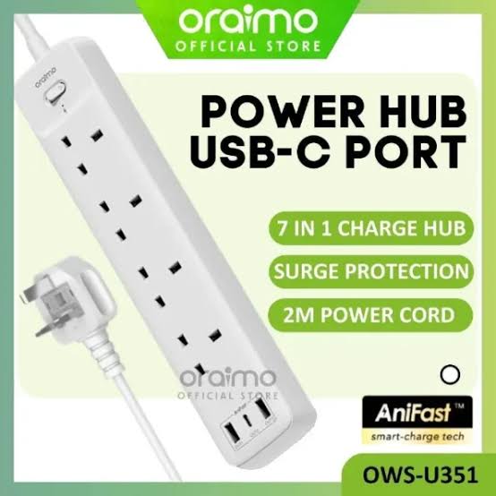 ORAIMO (POWERHUB 2) SUPER QUALITY EXTENSION WITH FAST CHARGE USB-C PORT 3250W POWER RATING, 4 WAY PORTS & 2M CABLE - WHIT