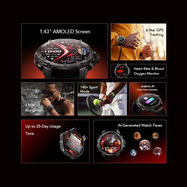 ORAIMO Watch GT OSW-852H 1.43" AMOLED 3ATM GPS Smart Watch with 2 Replaceable Straps and more than 67 days standby time