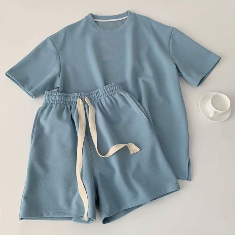 2  pieces women clothes Mini Round-Neck Short-Sleeve T-Shirt for Women with Pocket, Sports Shorts Two-Piece Set, Summer Loose-Fitting Elastic Casual Solid Color Outfit