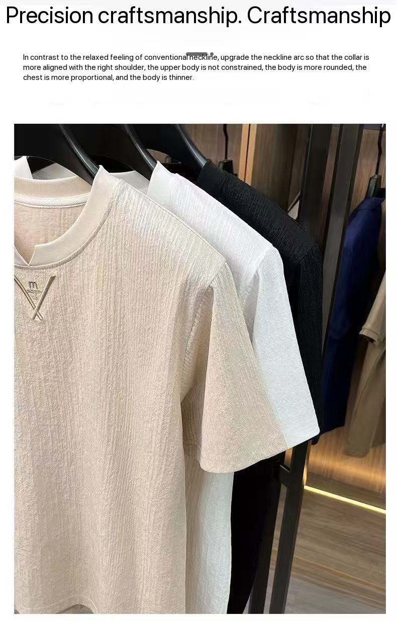 Cross-border men's short-sleeved loose-fitting summer textured pleated lightweight breathable top, short-sleeved round-neck new-style T-shirt, casual men's clothing.