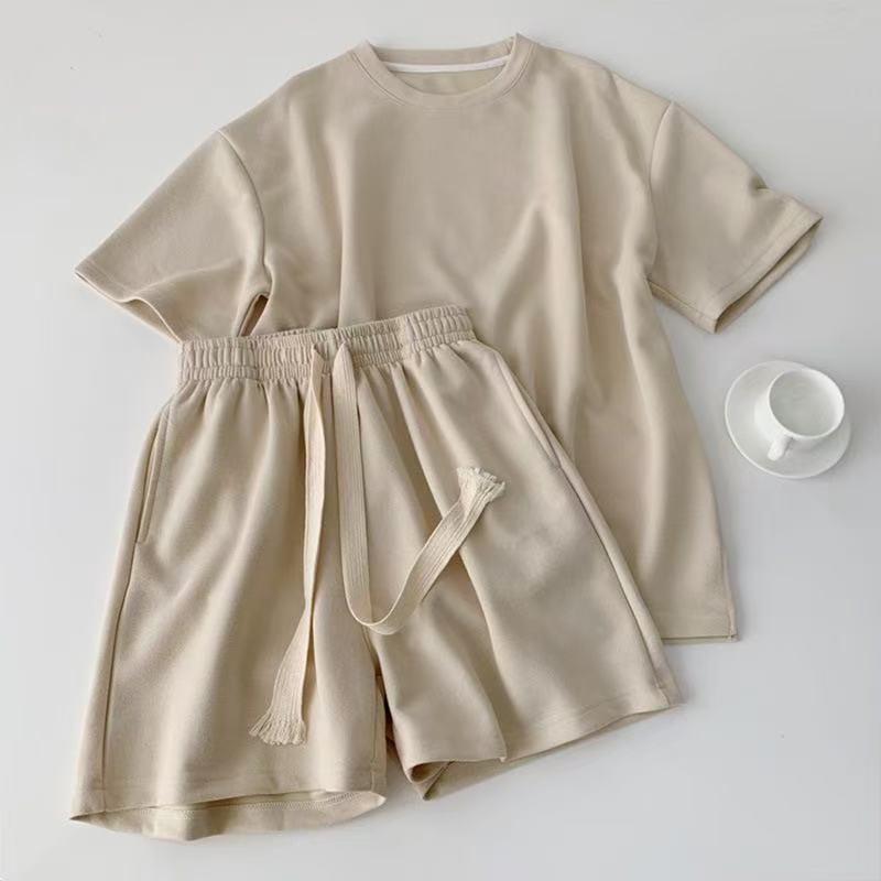 2  pieces women clothes Mini Round-Neck Short-Sleeve T-Shirt for Women with Pocket, Sports Shorts Two-Piece Set, Summer Loose-Fitting Elastic Casual Solid Color Outfit