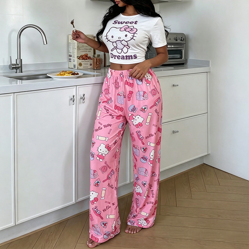Two items: Customized cross-border European and American best-selling printed TK cat short-sleeve homewear, suitable for outdoor wear; long pants pajamas, women's clothing, short sleeves and long pant