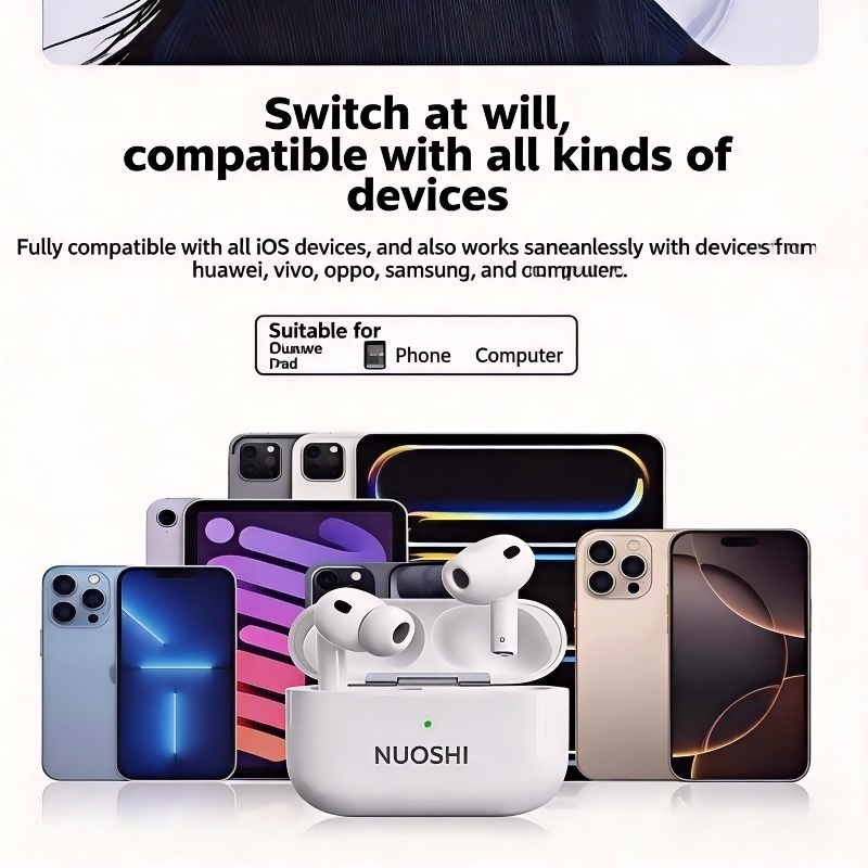 NUOSHI Air Pro New NS1  Heavy bass Earpods Wireless Noise Cancelling Earphone Waterproof Music Business Earbuds 25Hours Playtime Single ear 4.3g  Work on all Smartphones for Android&ios Type-C