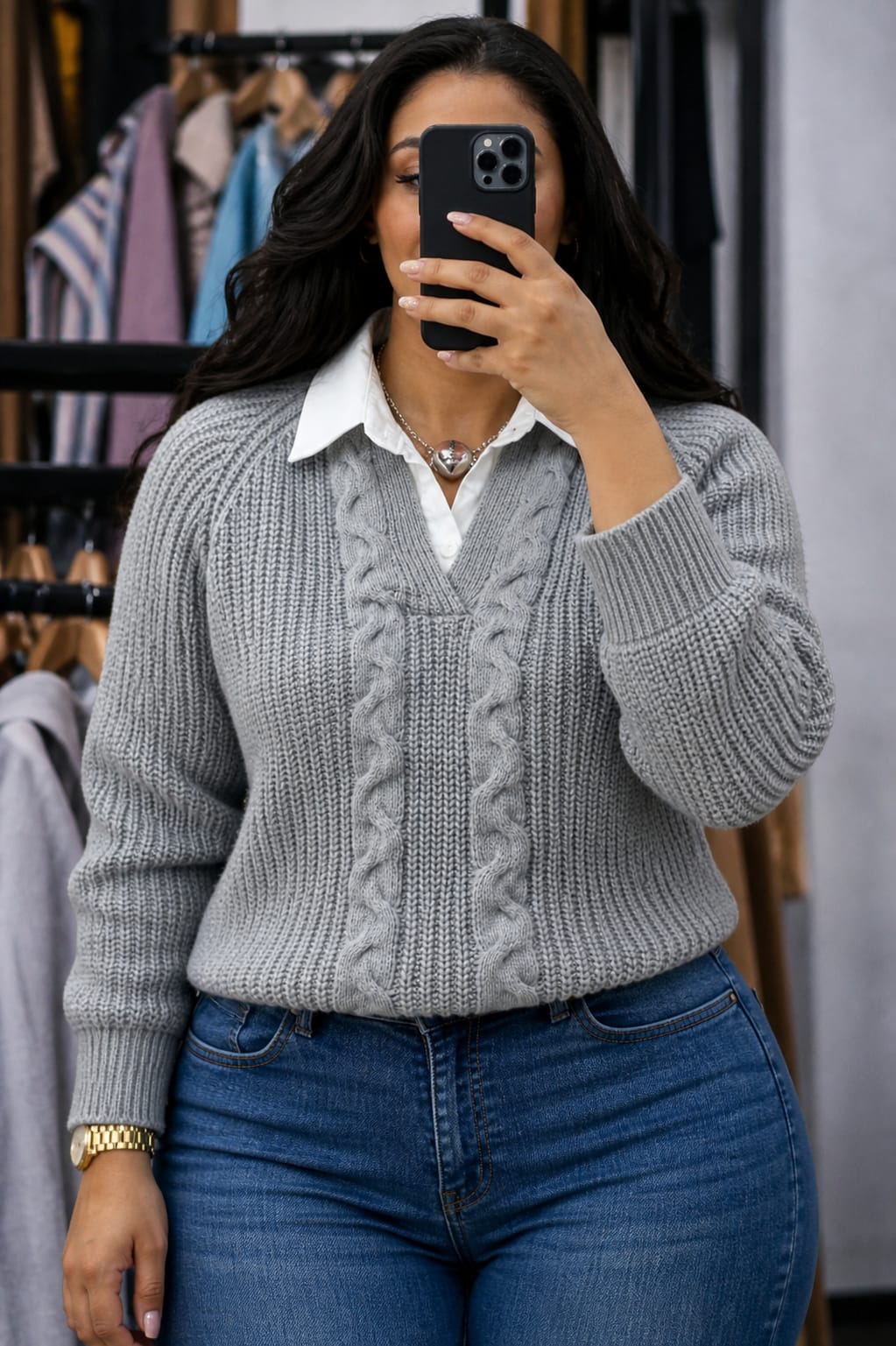Women Sweater Top with Attached White Collar Free Size Elegant Knit Blouse Stylish Casual Office Wear Soft Warm Fabric Comfortable Chic Outfit