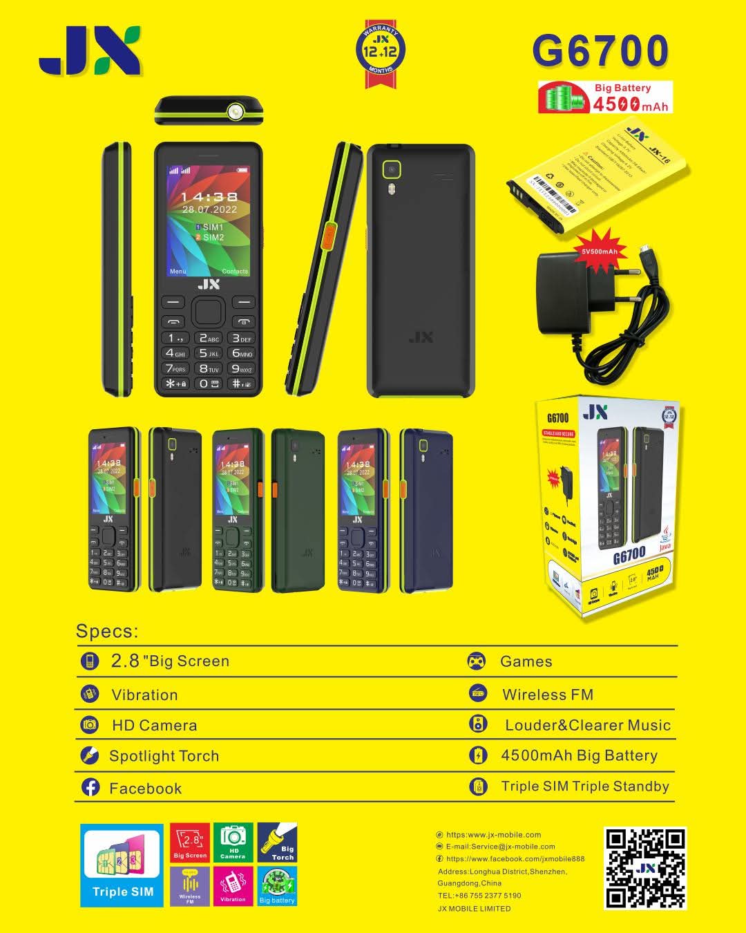 [NEW ARRIVAL!!!]JX G6700 2.8" BIG SCREEN TRIPLE SIM CARD WITH FACEBOOK ,BIG TORCH, 4500MAH BATTERY, WIRELESS FM MULIKA MWIZI/KABAMBE/KATULULU/BUTTON PHONE - FEATURED PHONE