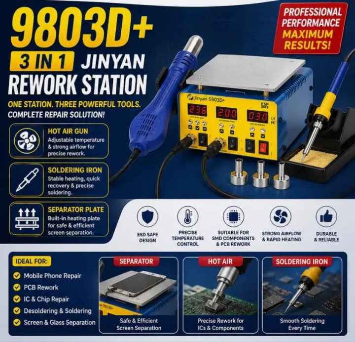 [FREE SOLDER PASTE] Jinyan 9803D+ 3 In 1 Screen Separator Soldering Hot Air BGA Machine Rework Station PCB Rework IC & Chip Repair Screen and Glass Separator