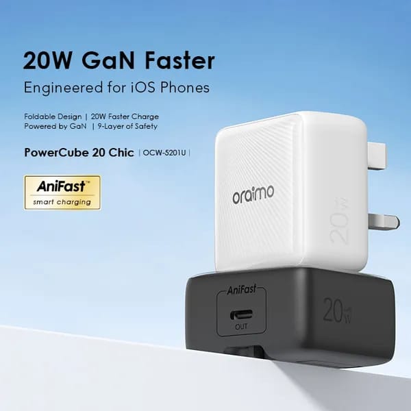 [ORIGINAL] Oraimo PowerCube 20 Chic 20W GaN Wall Charger Kit with Type-C to Type-C Cable 20W Smart Fast Charging Type-C to Type-C Cable AniFast™ Fast Charging Safety Protection