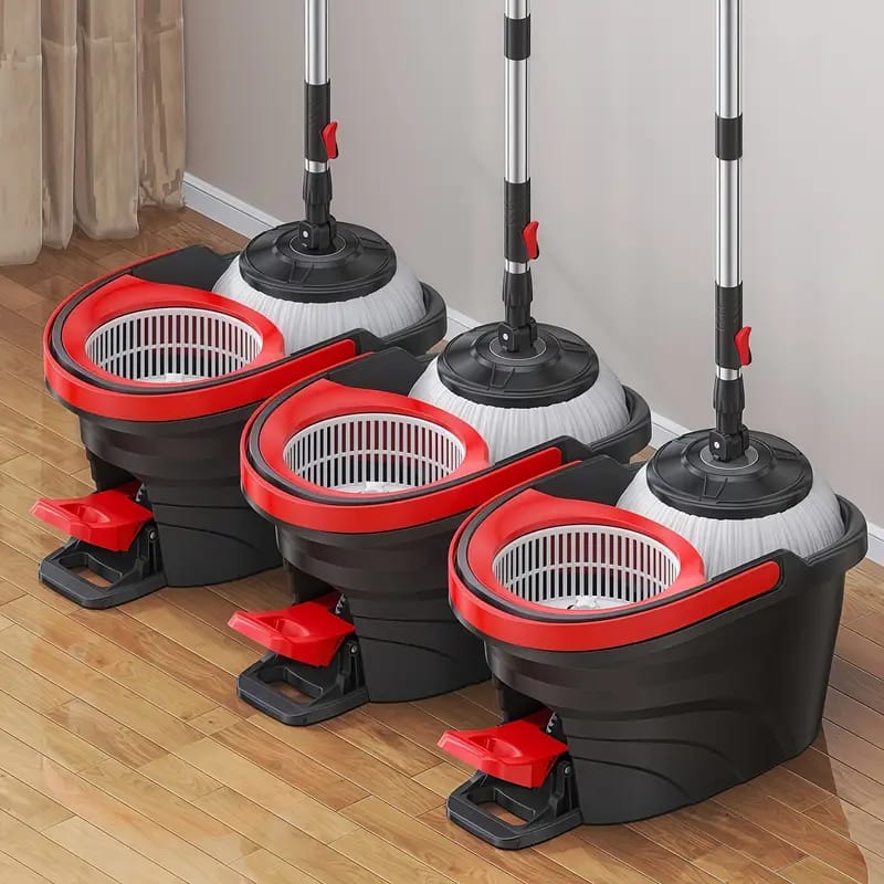 Black/red Foot-Operated 12L bucket foot pedal Spin mop (rotary mop)/ Spin Mop and Bucket Set featuring a foot-pedal wringing system