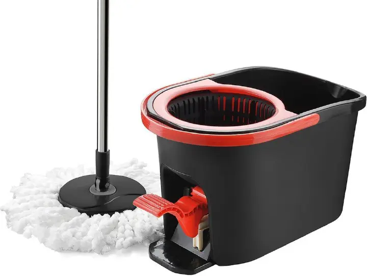 Black/red Foot-Operated 12L bucket foot pedal Spin mop (rotary mop)/ Spin Mop and Bucket Set featuring a foot-pedal wringing system