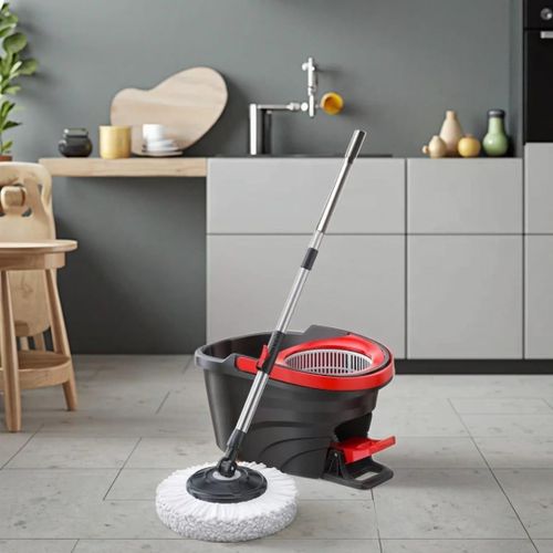 Black/red Foot-Operated 12L bucket foot pedal Spin mop (rotary mop)/ Spin Mop and Bucket Set featuring a foot-pedal wringing system