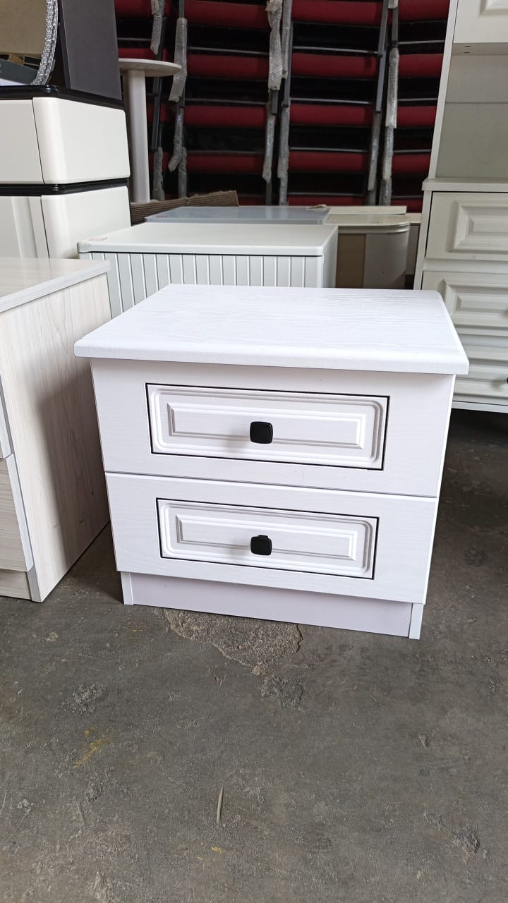 Modern 2-Drawer Bedside Table/ stylish 2-drawer bedside table with a strong wooden frame, smooth sliding drawers, and a clean modern white finish