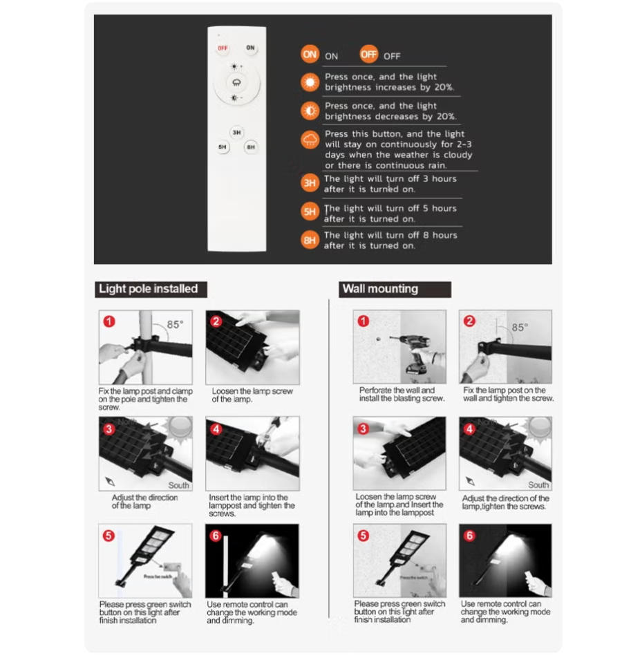 MODI Solar LED Street Light, 6500K Bright White, Remote & PIR Motion Sensor, IP65 Waterproof Outdoor Wall Lamp, Dusk To Dawn Auto Lighting, 12H Long Lasting, Garden Yard Driveway Security Light