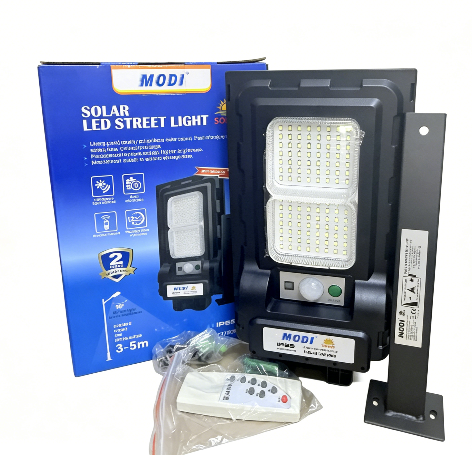 MODI Solar LED Street Light, 6500K Bright White, Remote & PIR Motion Sensor, IP65 Waterproof Outdoor Wall Lamp, Dusk To Dawn Auto Lighting, 12H Long Lasting, Garden Yard Driveway Security Light