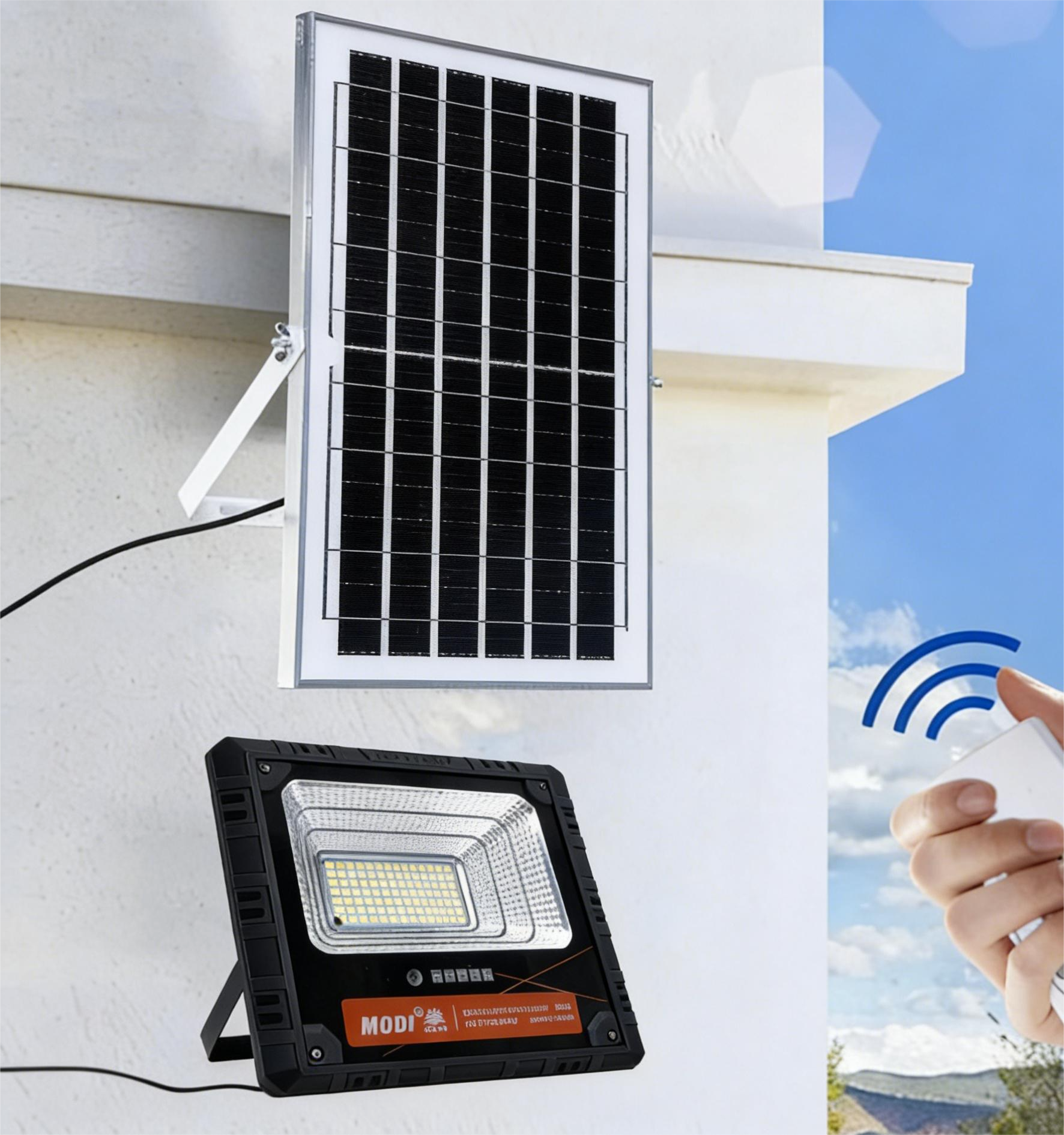 MODI Solar Powered Flood Light, Waterproof Rechargeable Emergency Spotlight with Remote Control for Garden Outdoor Indoor Wall Street Landscape Lighting