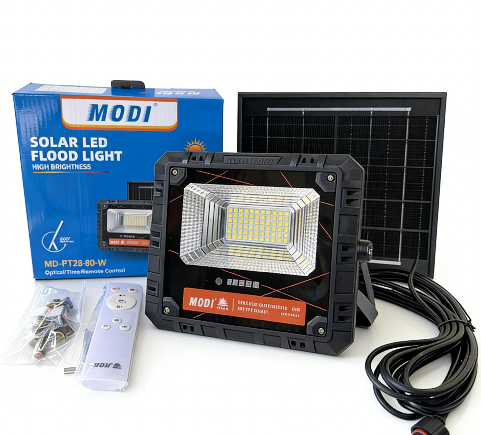 MODI Solar Powered Flood Light, Waterproof Rechargeable Emergency Spotlight with Remote Control for Garden Outdoor Indoor Wall Street Landscape Lighting