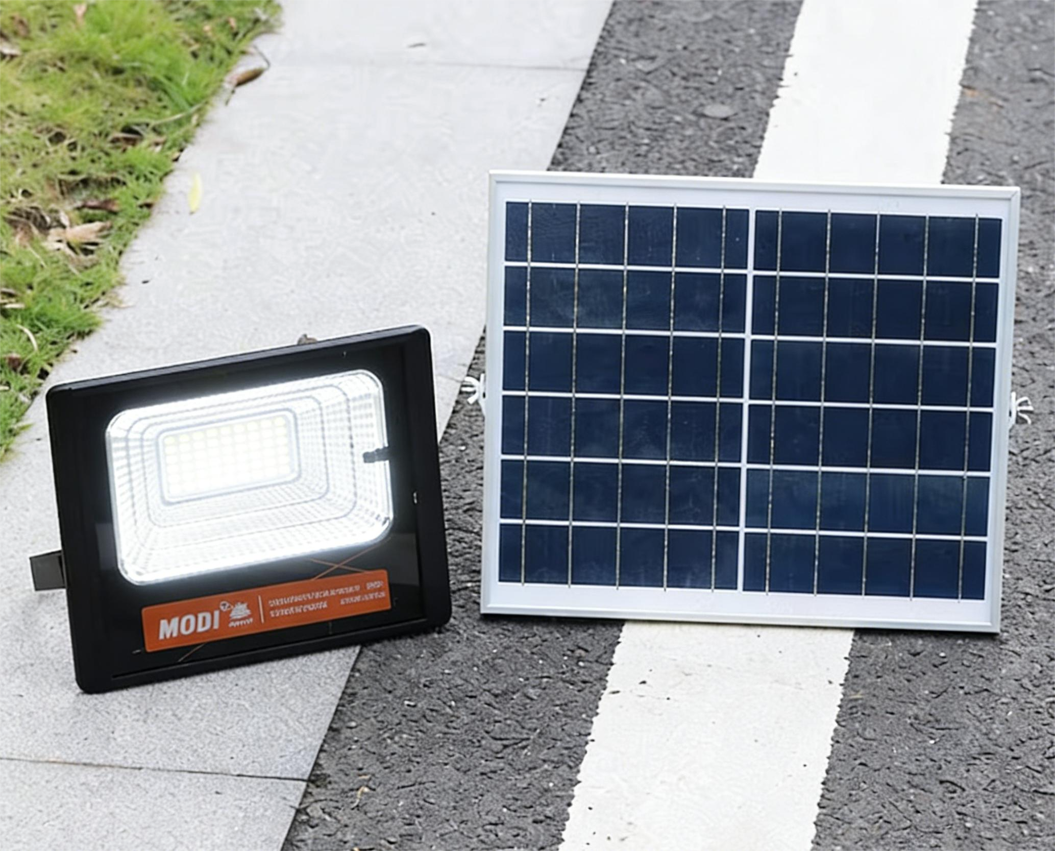 MODI Solar Powered Flood Light, Waterproof Rechargeable Emergency Spotlight with Remote Control for Garden Outdoor Indoor Wall Street Landscape Lighting