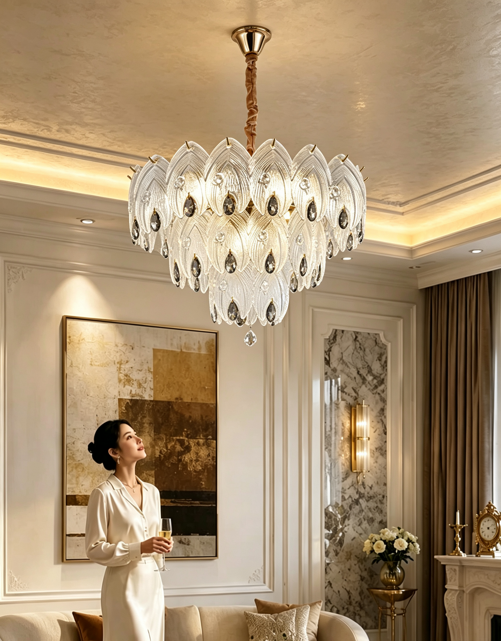 MODI 2026 New Luxury Crystal Chandelier, French Cream Style High‑end Lighting, Modern Light Luxury Simple Lamp for Living Room, Dining Room, Bedroom, Study, Bar Counter & Villa Hall