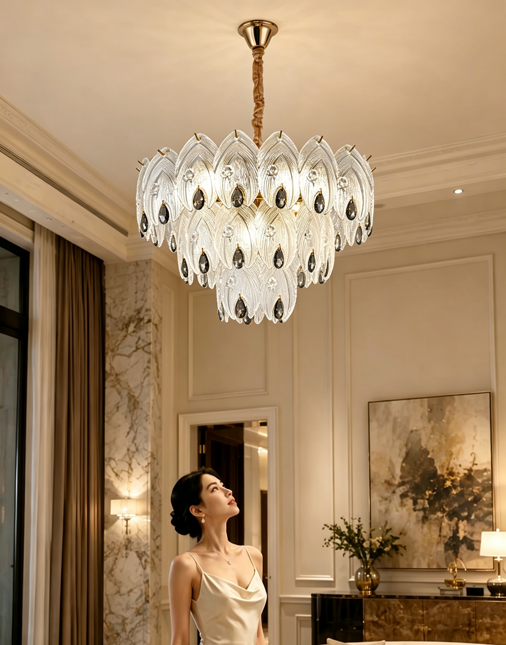 MODI 2026 New Luxury Crystal Chandelier, French Cream Style High‑end Lighting, Modern Light Luxury Simple Lamp for Living Room, Dining Room, Bedroom, Study, Bar Counter & Villa Hall