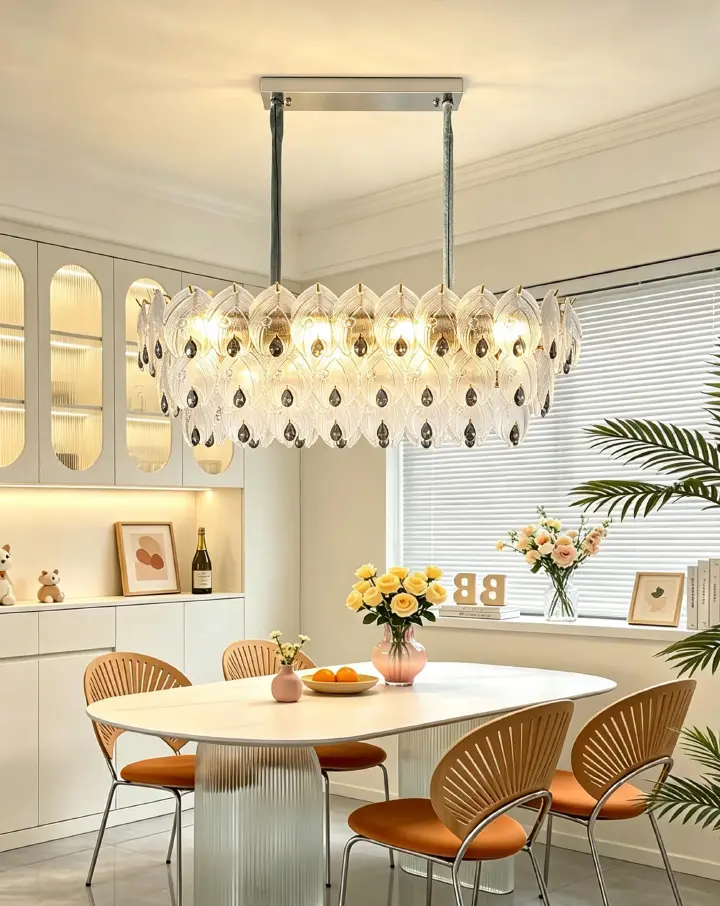 MODI New French Cream Style Linear Crystal Pendant Light, Luxury Glass Flower Long Hanging Lamp, Modern Minimalist Chandelier for Dining Room, Bar Counter, Tea Room, Living Room