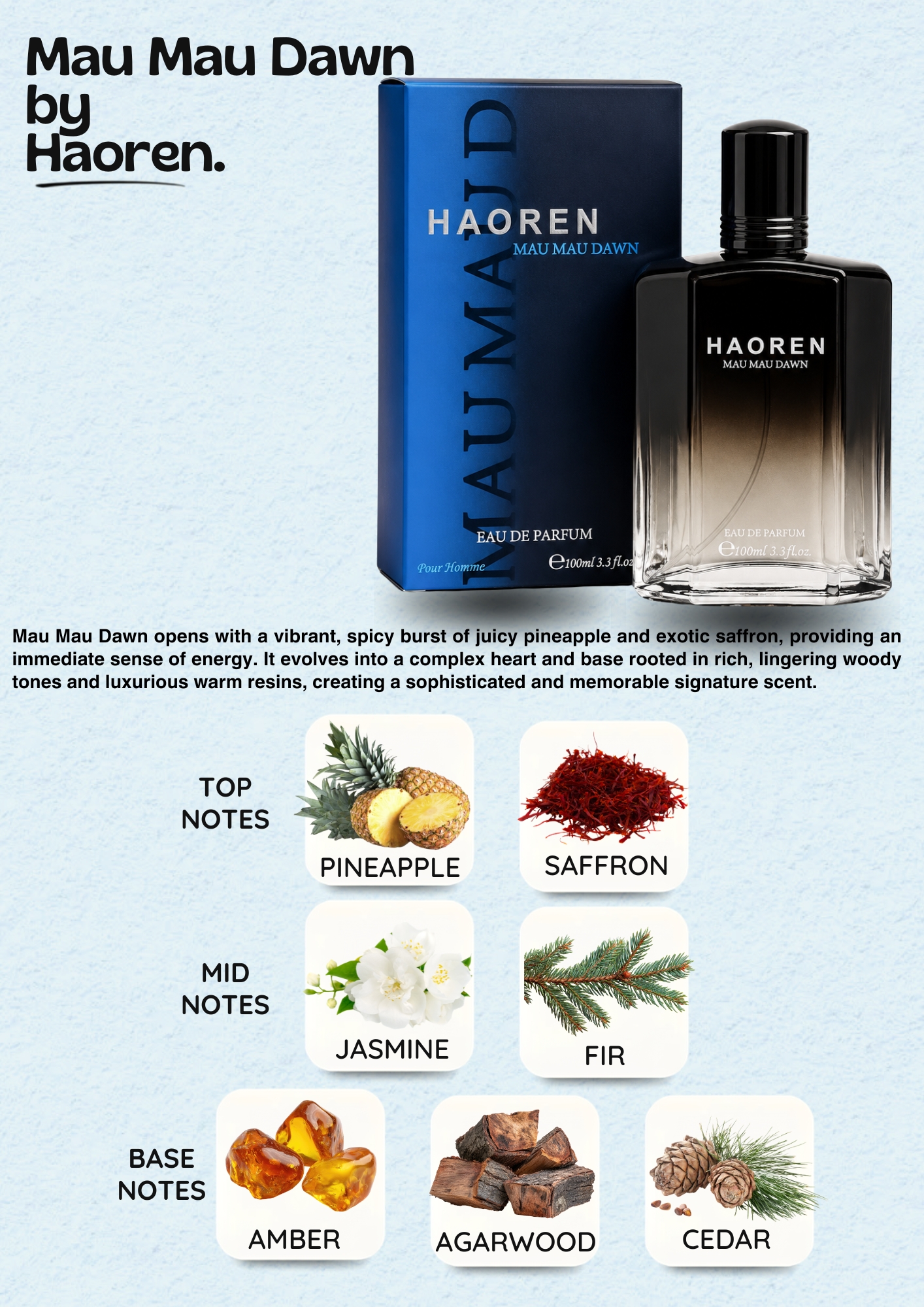 HAOREN Perfume Mau Mau Dawn Eau de Parfum Unisex 100ml - Amber Oud Scent, Bold Daily Wear & Evening Fragrance, Gift for Her & Him