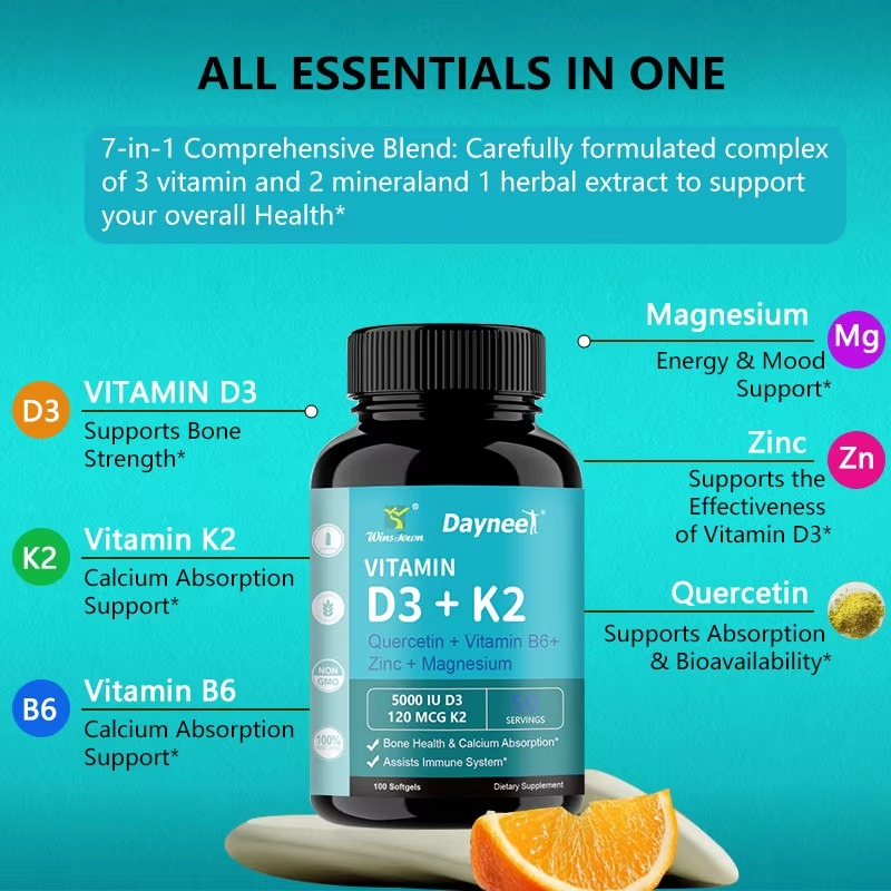 Daynee Vitamin D3 + K2 Extra Strength - 5000 IU D3 & 120 MCG K2 - Immune & Bone Support - 100 Softgels