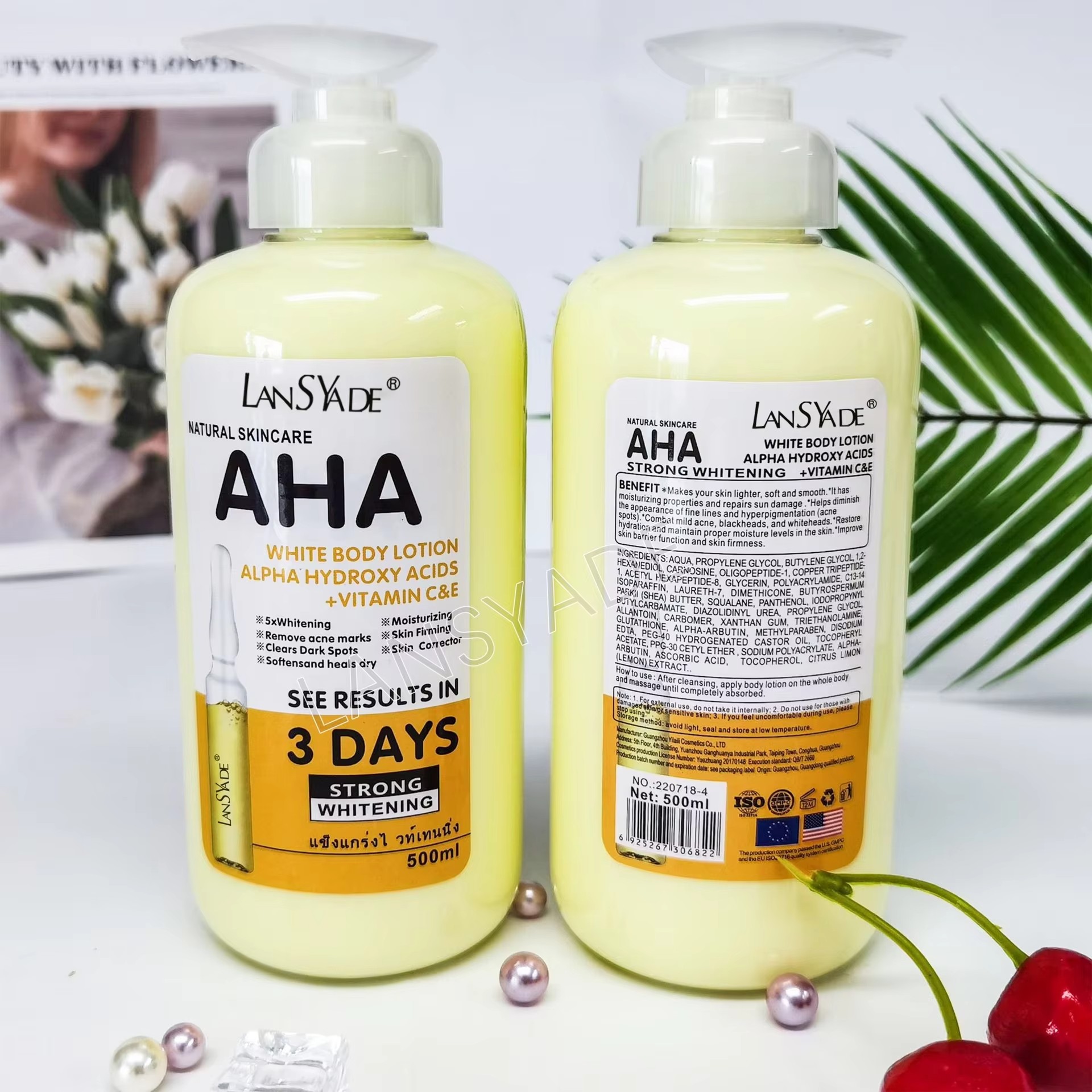 AHA LansYade Fruit Acid Vitamin C & Vitamin E Skin Moisturizing Body Lotion 500ml. / LansYade 500ml Vitamin C Whitening Body lotion 3 day