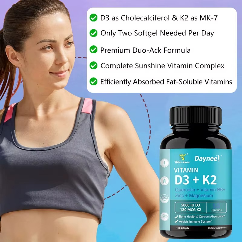 Daynee Vitamin D3 + K2 Extra Strength - 5000 IU D3 & 120 MCG K2 - Immune & Bone Support - 100 Softgels