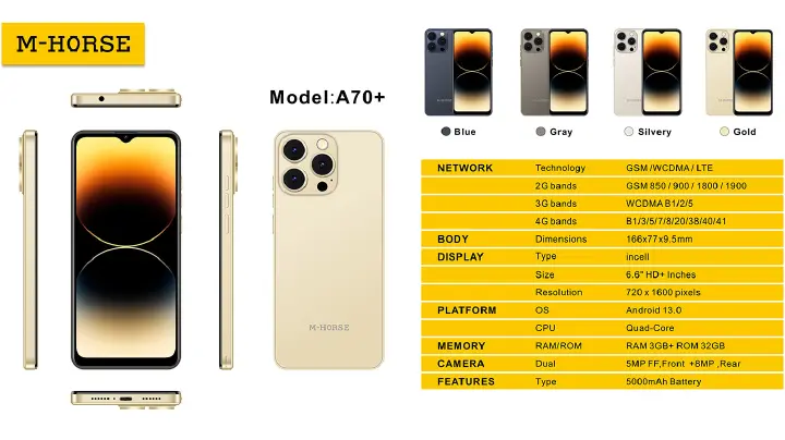 [New Arrivals] M-HORSE A70+ 32GB +3GB RAM 6.6" HD+ INCELL WATERPROOF SCREEN 60Hz REFRESH RATE 5MP Selfie 8MP REAR CAMERA 5000mAh Battery Type-C Dual SIM 4G Side Fingerprint IP64