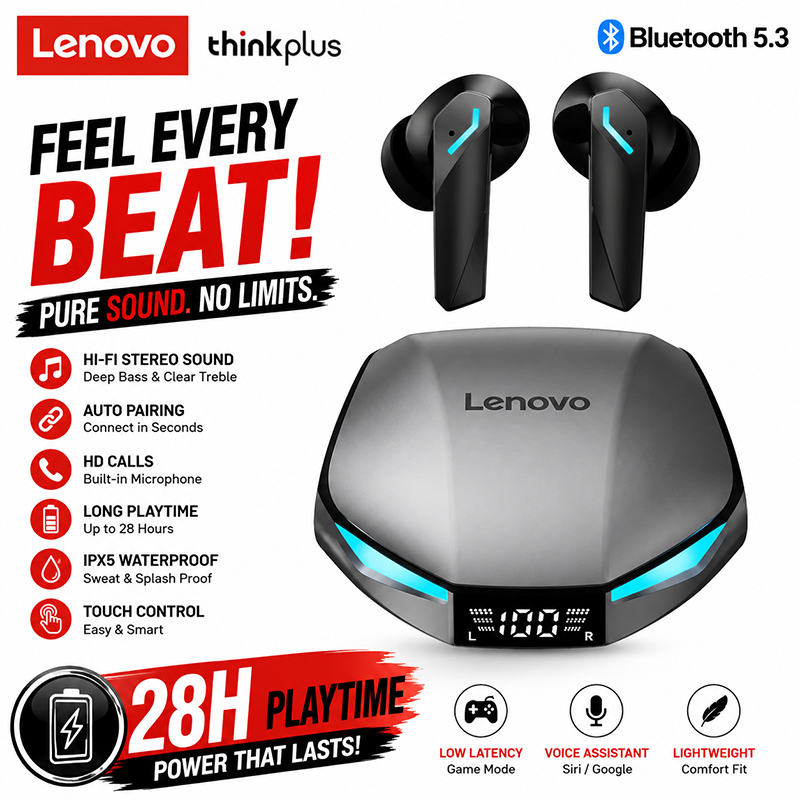 New Lenovo XT53 Wireless Bluetooth 5.4 Earphones LED Digital Display Waterproof Earbuds Noise Cancelling Gaming Headset