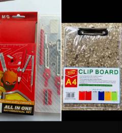 AFFORDABLE 2 IN 1 SCHOOL/EXAM ESSENTIAL,CLEAR CLIP BOARD AND A CLEAR ALL IN 1 MATHEMATICAL SET
