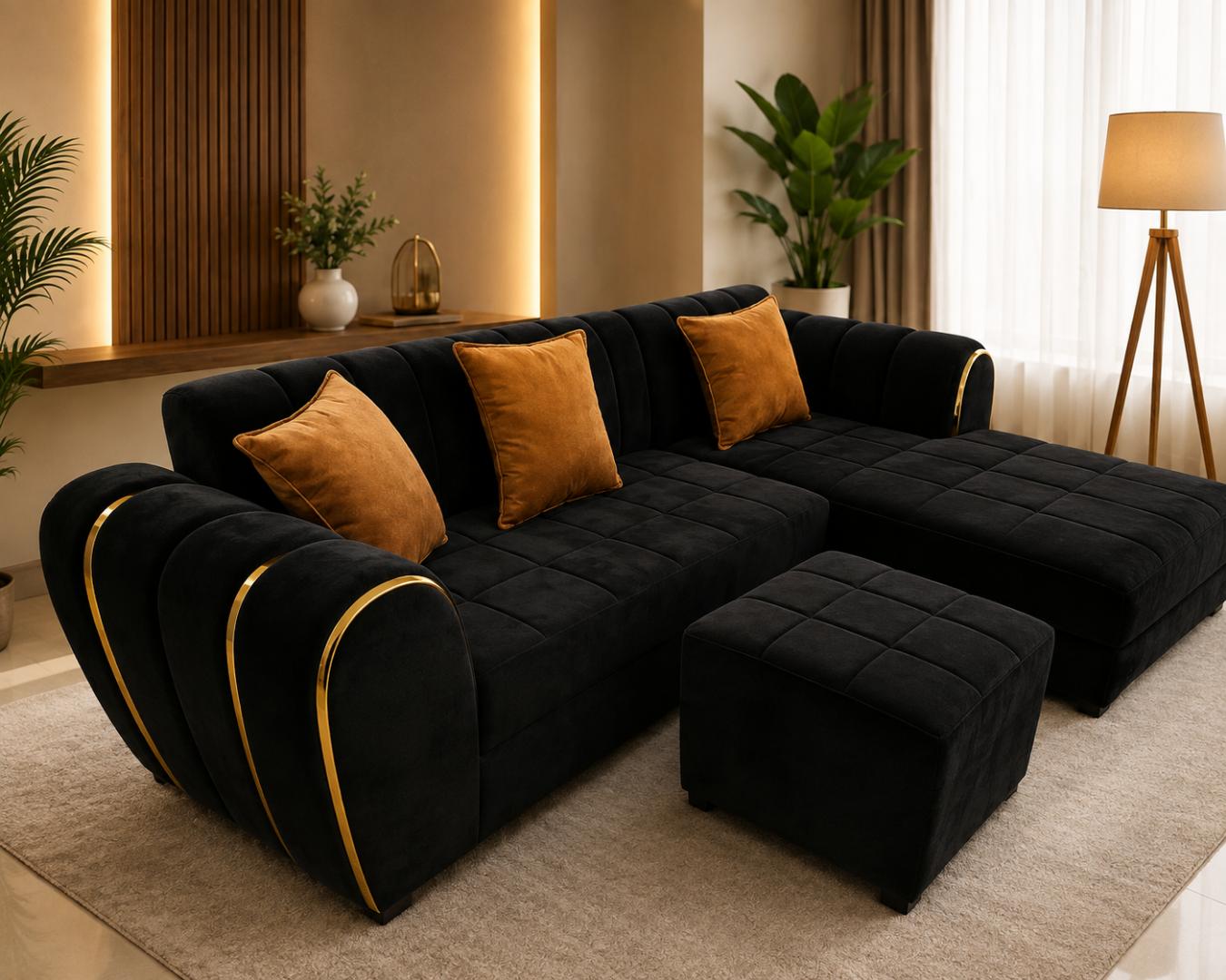 Luxury Black Velvet L-Shape Sofa – Gold Trim Edition