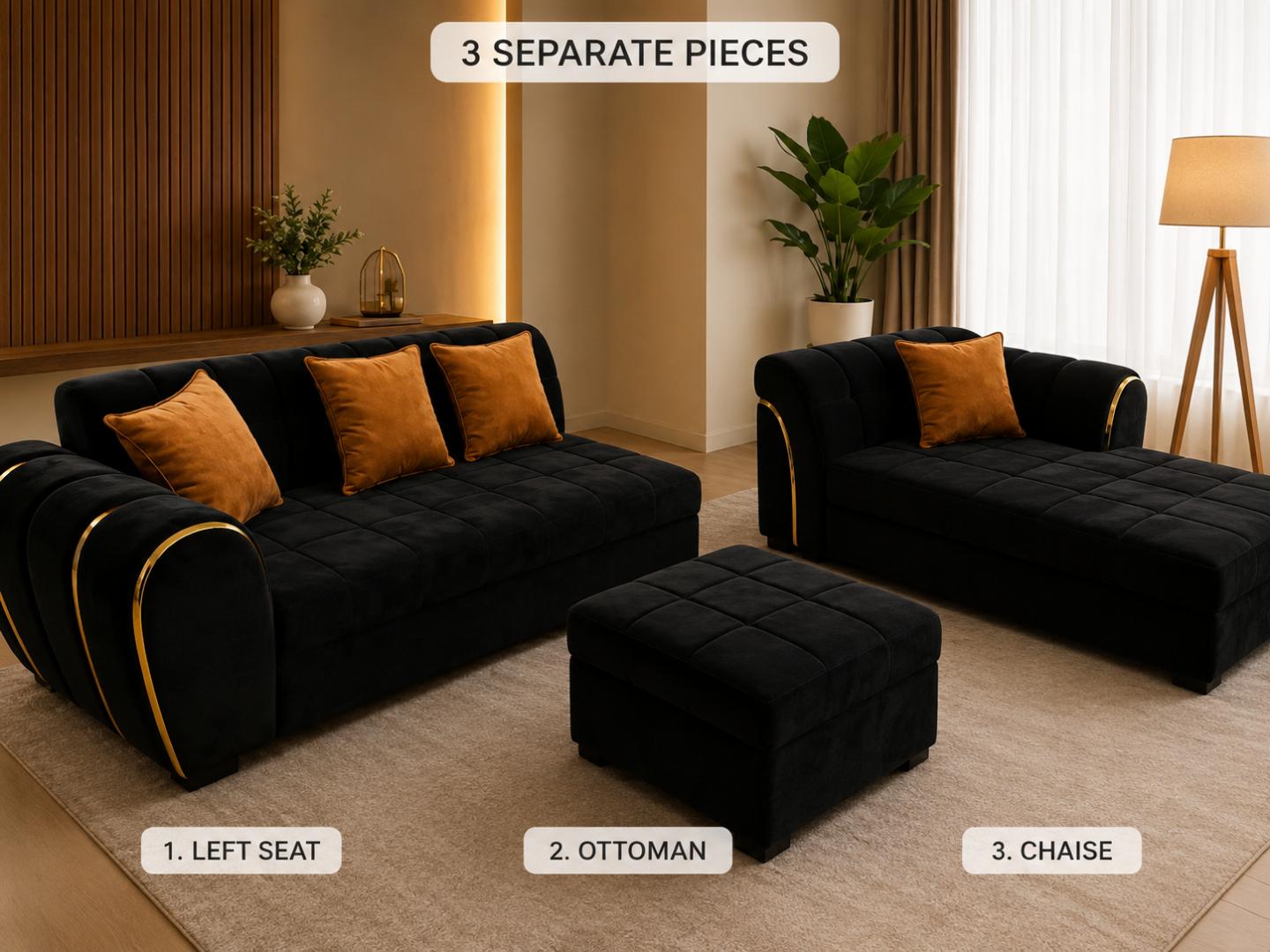Luxury Black Velvet L-Shape Sofa – Gold Trim Edition