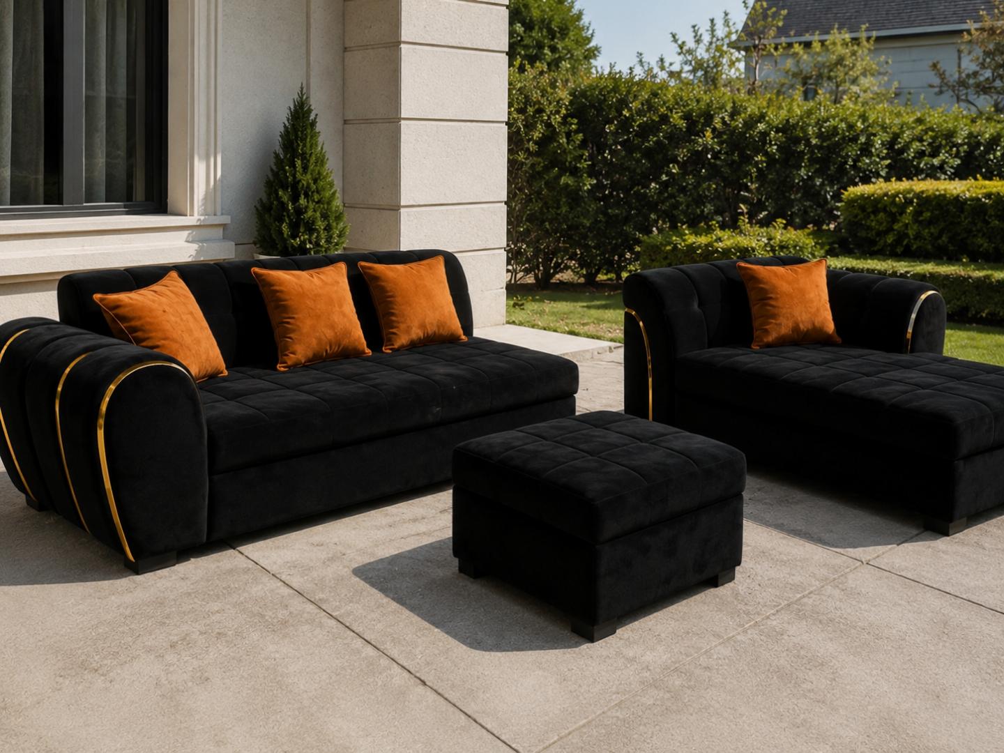 Luxury Black Velvet L-Shape Sofa – Gold Trim Edition