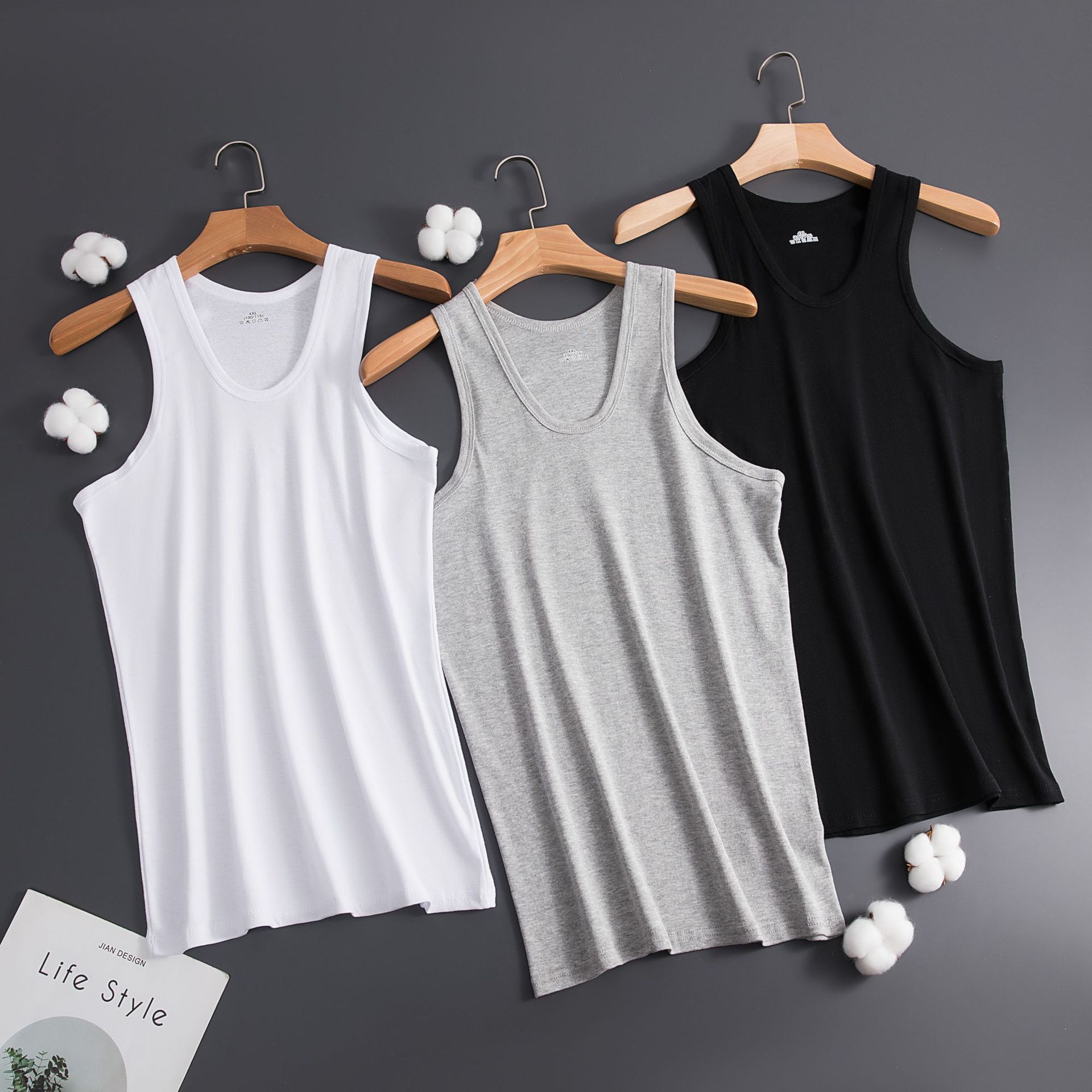 2026 Men's Cotton Vest Summer Sweat-absorbent Threaded Sling Elastic Slim-fit Sports Backing Sweatshirt Hurdle Solid Color
