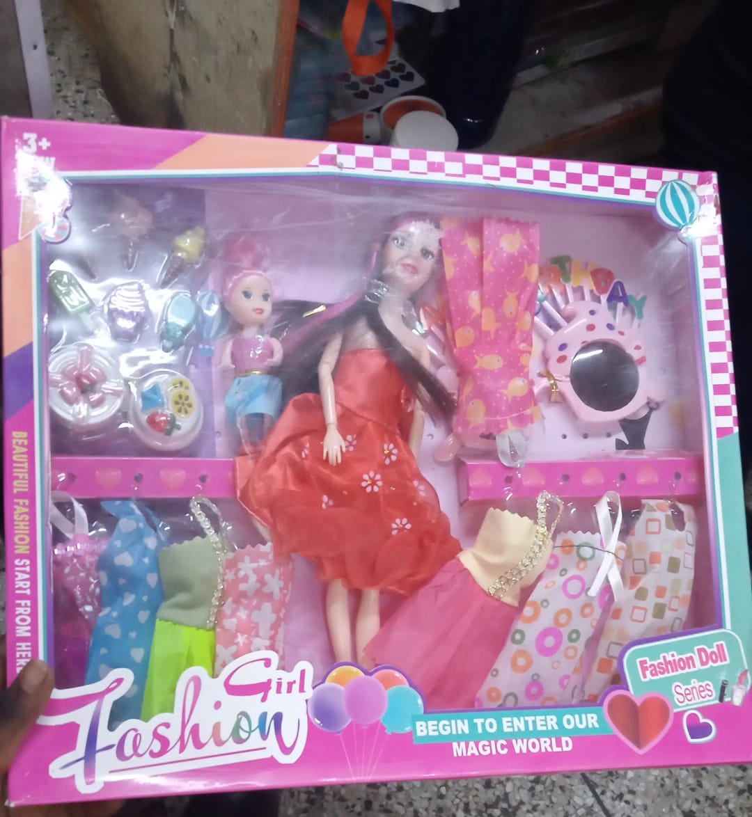 Fashions Girl Doll Toy Set – Fashion Doll with Pink Hair, Polka-Dot Dress, Wardrobe Closet with Mirror, Hairbrush, Hair Dryer, Extra Clothes, Accessories for Creative Role-Play Fun for Kids 3+
