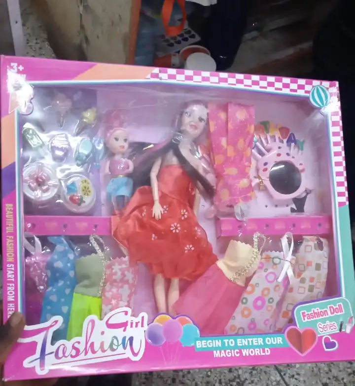 Fashions Girl Doll Toy Set – Fashion Doll with Pink Hair, Polka-Dot Dress, Wardrobe Closet with Mirror, Hairbrush, Hair Dryer, Extra Clothes, Accessories for Creative Role-Play Fun for Kids 3+