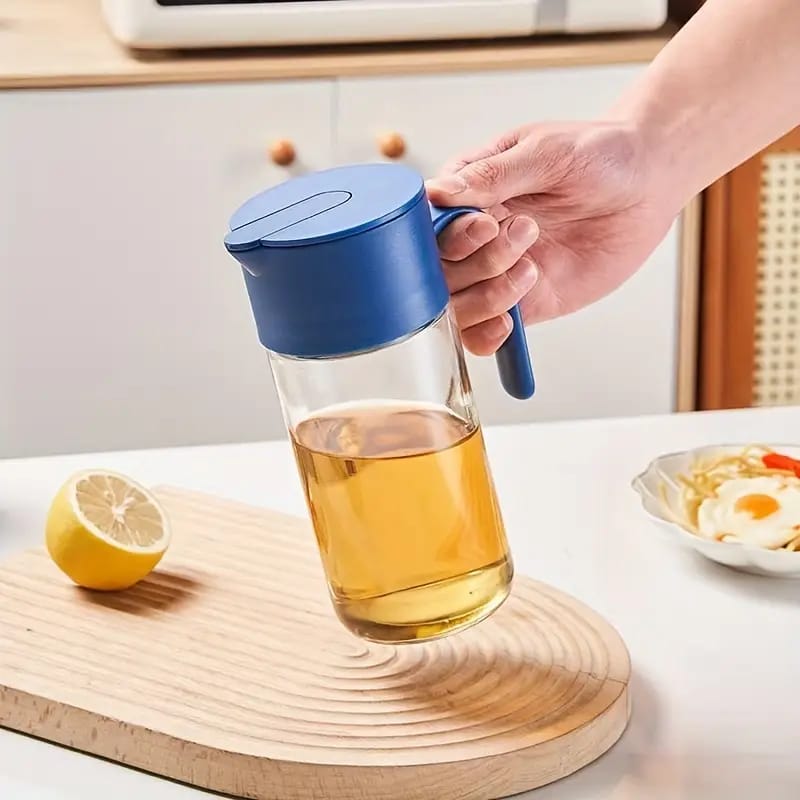 550ml Glass Oil Dispenser with Automatic Opening Blue Lid Drip Free Leak Proof Dust Proof Cooking Oil Soy Sauce Vinegar Condiment Refillable Kitchen Bottle