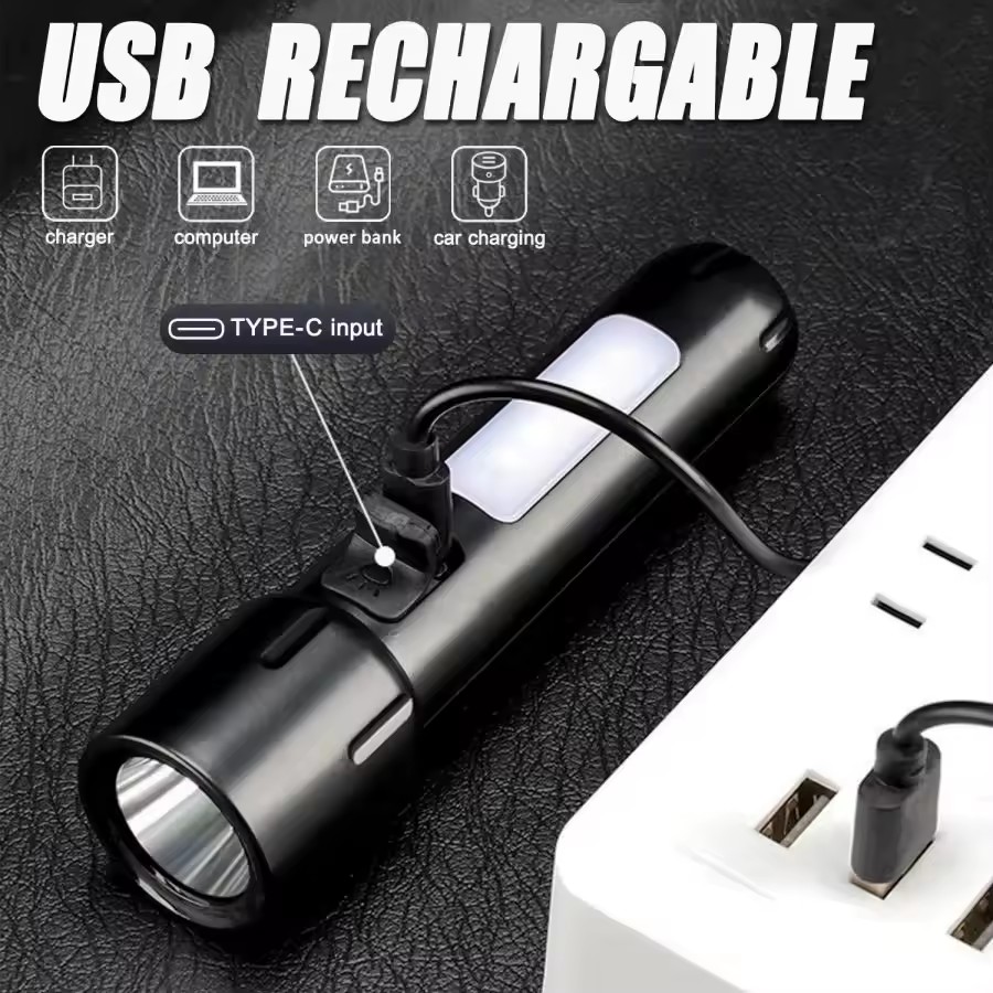 Mini EDC Flashlight USB Rechargeable Torch with 4 Modes COB Emergency Floodlight Portable Outdoor Searchlight for Camping Hiking Travel Home Work