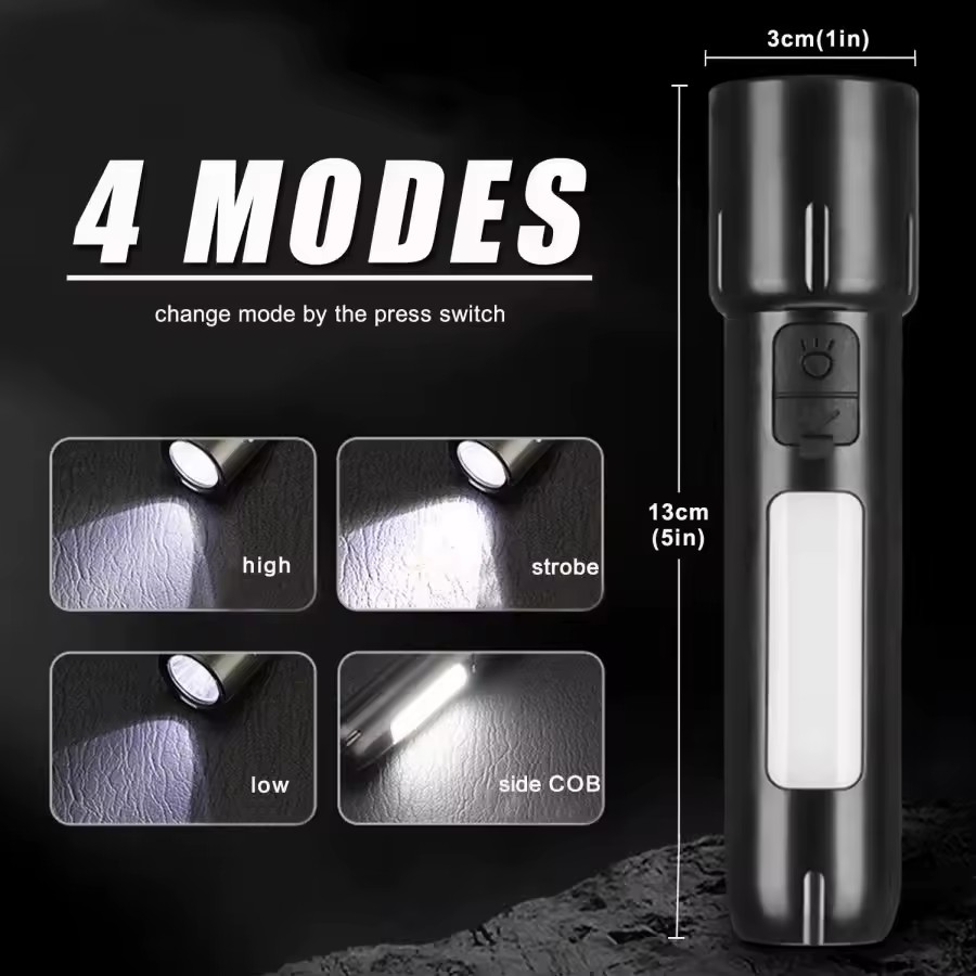 Mini EDC Flashlight USB Rechargeable Torch with 4 Modes COB Emergency Floodlight Portable Outdoor Searchlight for Camping Hiking Travel Home Work