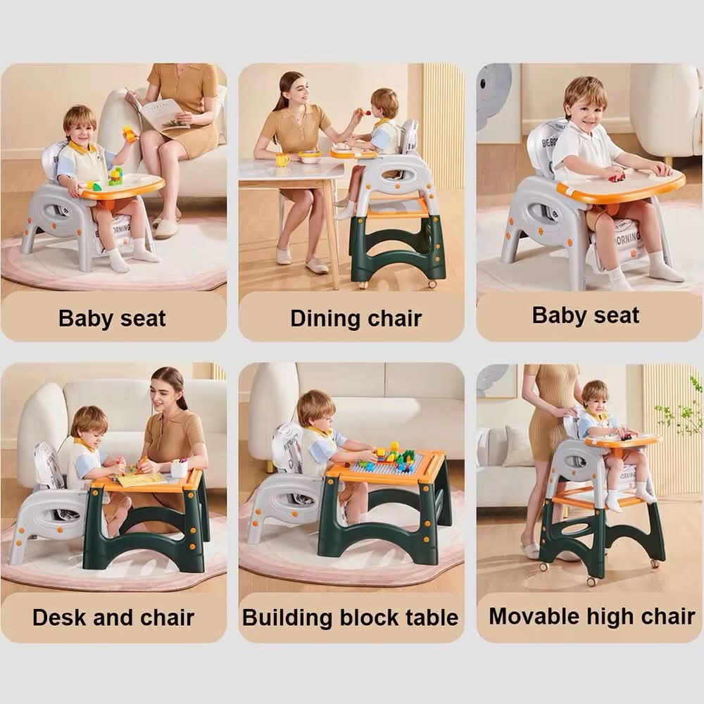 3 in 1 Convertible Baby High Feeding Chair with Removable Tray Wheels Adjustable Toddler Chair Table Set Feeding Dining Play