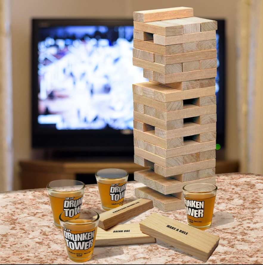 Drunken Tower Wooden Stacking Drinking Game Party Jenga Style Block Balance Challenge Game with Dares Rules & Fun Commands for Friends Parties & Game Nights