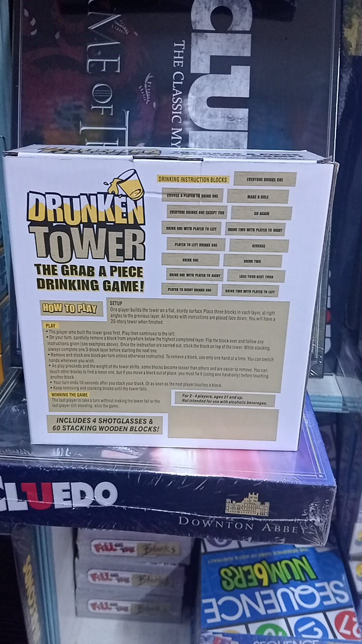 Drunken Tower Wooden Stacking Drinking Game Party Jenga Style Block Balance Challenge Game with Dares Rules & Fun Commands for Friends Parties & Game Nights