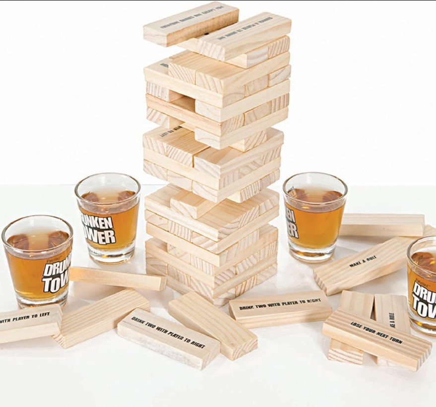 Drunken Tower Wooden Stacking Drinking Game Party Jenga Style Block Balance Challenge Game with Dares Rules & Fun Commands for Friends Parties & Game Nights
