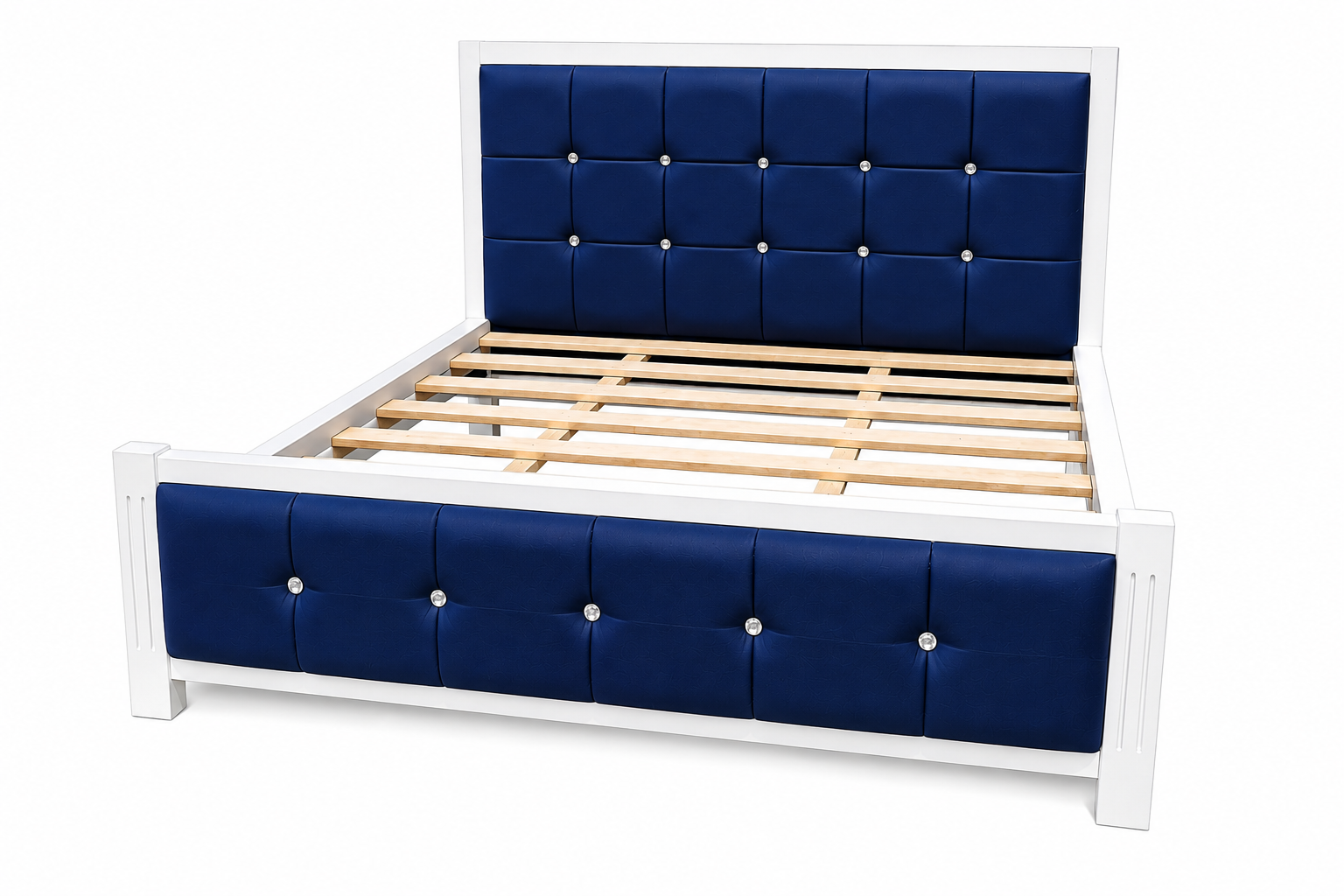 LUXURY NAVY BLUE UPHOLSTERED BED – MODERN TUFTED HEADBOARD, STRONG WOODEN FRAME & ELEGANT WHITE FINISH (without mattress), 5*6ft