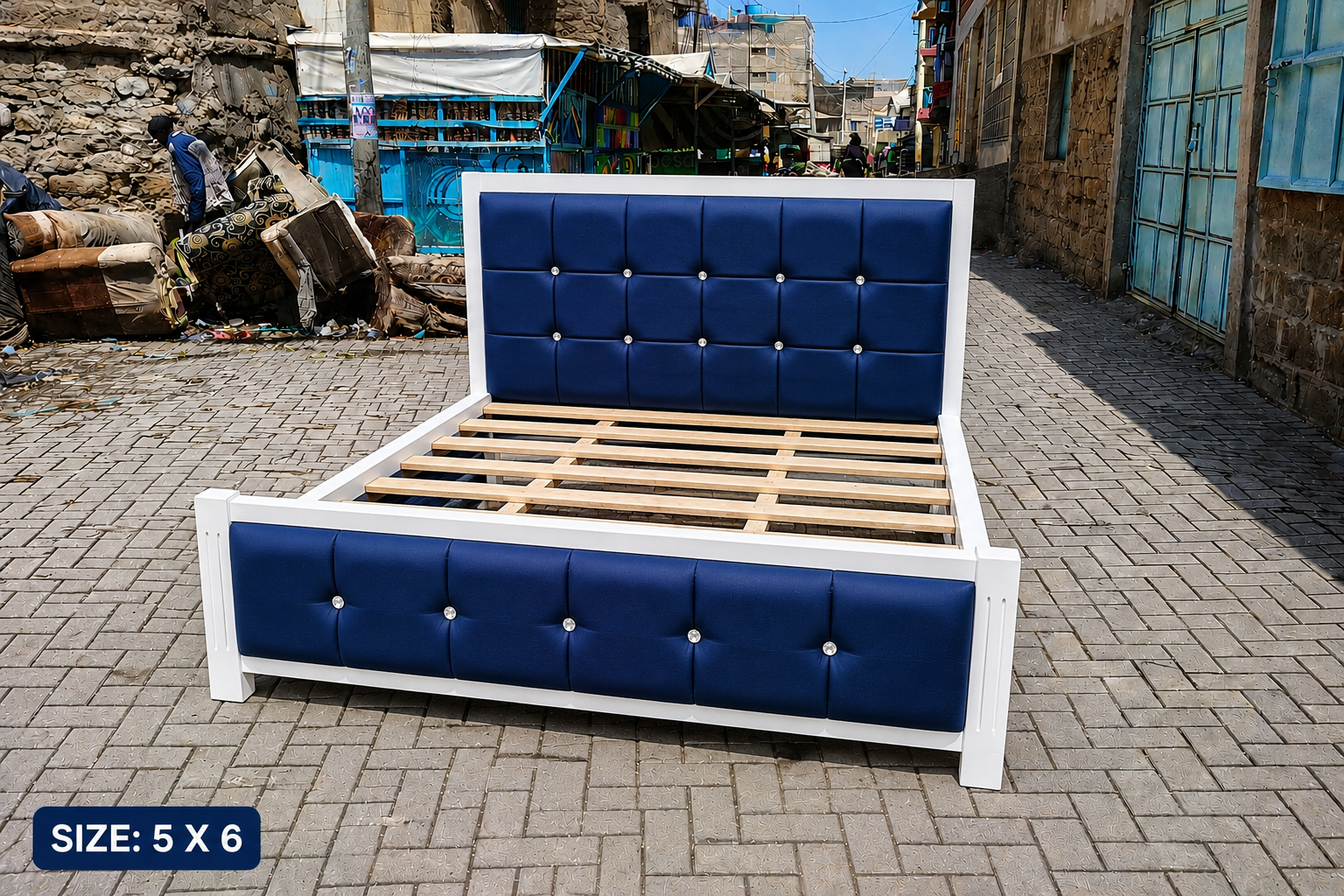 LUXURY NAVY BLUE UPHOLSTERED BED – MODERN TUFTED HEADBOARD, STRONG WOODEN FRAME & ELEGANT WHITE FINISH (without mattress), 5*6ft