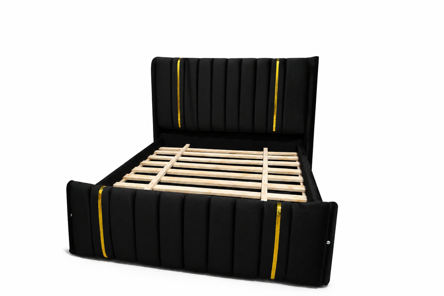 (OFFER!!!) LUXURY VELVET UPHOLSTERED BED FRAME WITH GOLD ACCENTS (without mattress), BLACK, 5*6 ft