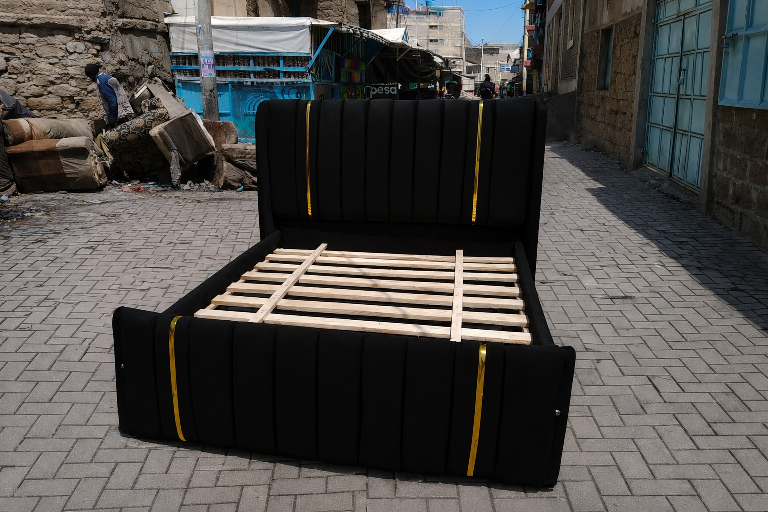 (OFFER!!!) LUXURY VELVET UPHOLSTERED BED FRAME WITH GOLD ACCENTS (without mattress), BLACK, 5*6 ft